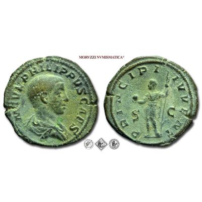 FILIPPO II, 247-249 d.C., SESTERZIO, Emissione: 244-246 d.C., Zecca di Roma, Rif. bibl. R.I.C., 255; Cohen, 55; Metallo: AE, gr. 20,60, (MR150068), Diam.: mm. 29,17, mBB

Ex Collezione Taurinia; ex CNG 91 n. 948.