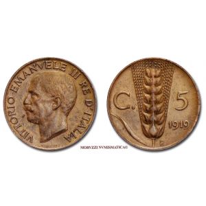 Regno d'Italia, VITTORIO EMANUELE III, 5 CENTESIMI, 1919, Spiga, zecca di Roma, RAME, mBB, (Pagani 898) / monete italiane