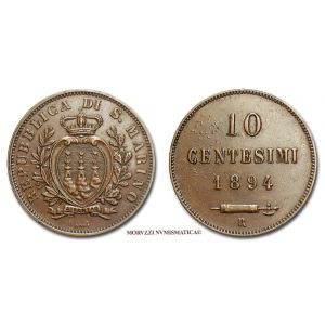 Repubblica di San Marino, VECCHIA MONETAZIONE, 10 CENTESIMI, 1894, zecca di Roma, mBB, (Pagani 372) / monete mondiali di rame (WORLD COPPER COINS)
