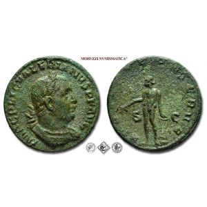 VALERIANO I, 253-260 d.C., SESTERZIO, Emissione: 255-256 d.C., Zecca di Roma, Rif. bibl. R.I.C., 152; Cohen, 22; Metallo: AE, gr. 17,78, (MR149457), Diam.: mm. 27,99, mBB

Ex Collezione Pontina.