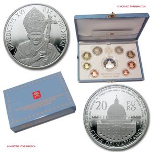 Città del Vaticano, BENEDETTO XVI, Ratzinger, Dal 2005, serie annuale ufficiale, 9 valori con moneta da 20 euro AR, 2012, FS